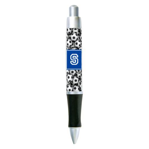 Personalized pen personalized with soccer balls pattern and initial in royal blue