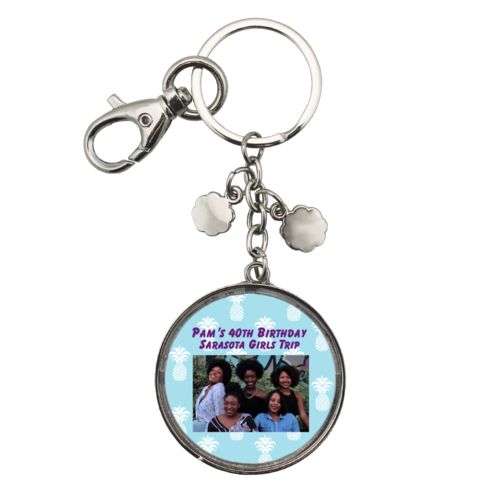 Personalized metal keychain personalized with welcome pattern and photo and the saying "Pam's 40th Birthday Sarasota Girls Trip"