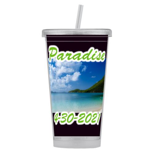 Personalized tumbler personalized with photo and the sayings "Paradise" and "4-30-2021"