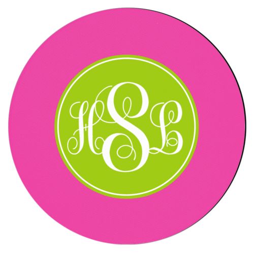 Personalized coaster personalized with concaved pattern and monogram in juicy green and juicy pink