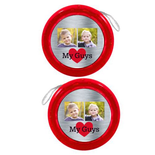 Personalized yoyo personalized with steel industrial pattern and photo and the sayings "heart" and "My Guys"