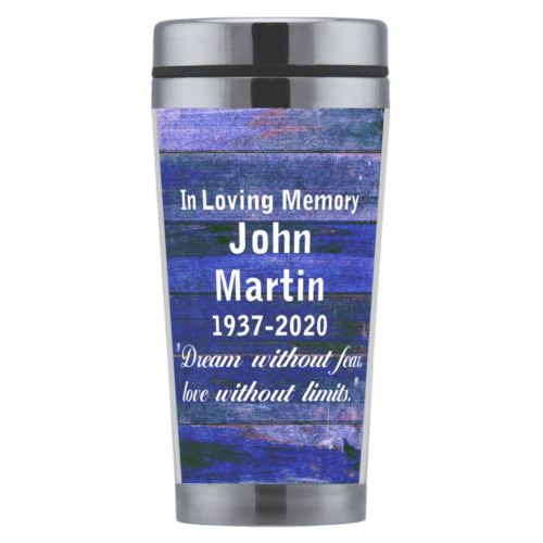 Personalized coffee mug personalized with royal rustic pattern and the saying "In Loving Memory John Martin 1937-2020 "Dream without fear, love without limits.""
