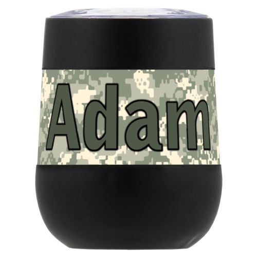 Personalized insulated wine tumbler personalized with army camo pattern and the saying "Adam"
