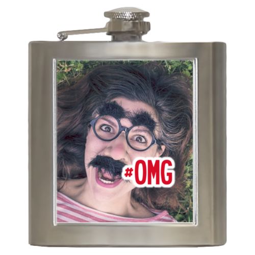 Personalized 6oz flask personalized with photo and the saying "#omg"