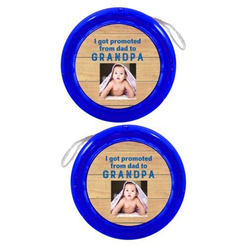 Personalized yoyo personalized with natural wood pattern and photo and the saying "I got promoted from dad to grandpa"