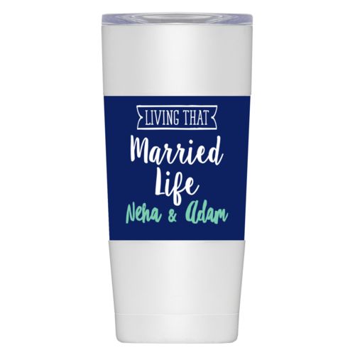Personalized insulated steel mug personalized with the sayings "Neha & Adam" and "living that married life"