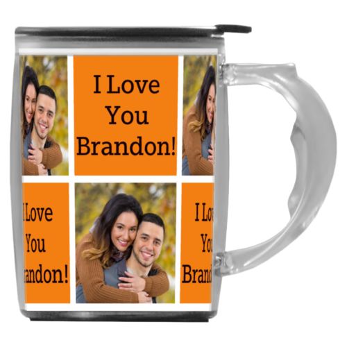 Custom mug with handle personalized with a photo and the saying "I Love You Brandon!" in black and juicy orange