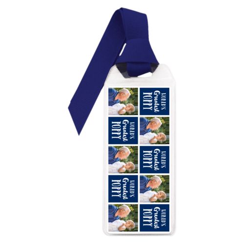 Personalized book mark personalized with a photo and the saying "World's Greatest Poppy" in navy blue and white