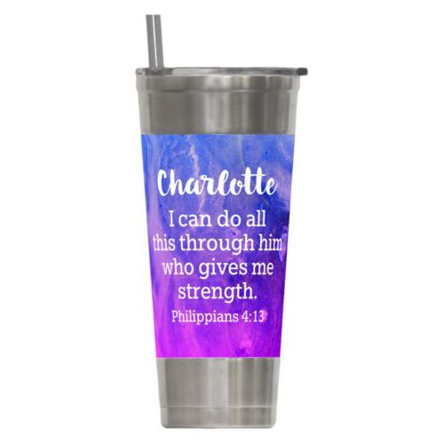 Personalized insulated steel tumbler personalized with ombre amethyst pattern and the saying "Charlotte I can do all this through him who gives me strength. Philippians 4:13"