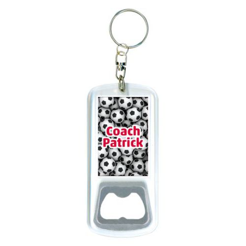 Personalized bottle opener personalized with soccer balls pattern and the saying "Coach Patrick"