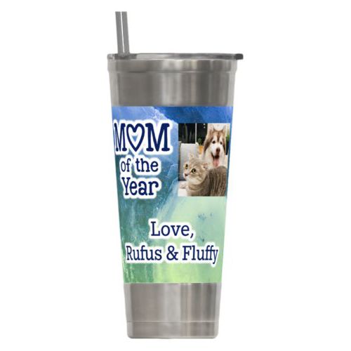 Personalized insulated steel tumbler personalized with ombre quartz pattern and photo and the sayings "Mom of the Year" and "Love, Rufus & Fluffy"
