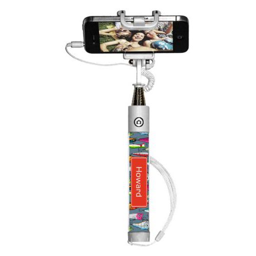 Personalized selfie stick personalized with fishing lures pattern and name in strong red