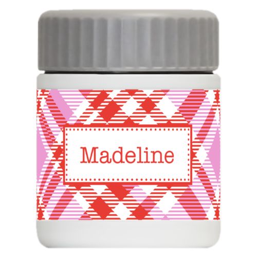 Personalized 12oz food jar personalized with tartan pattern and name in red punch and thistle