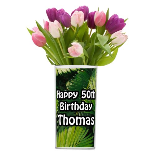 Personalized vase personalized with plants fern pattern and the saying "Happy 50th Birthday Thomas"