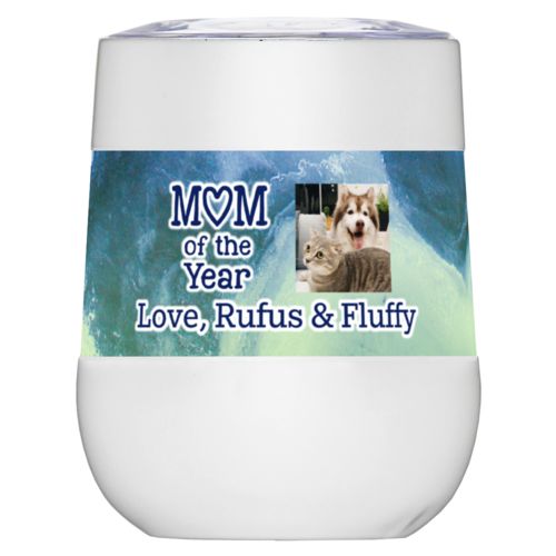 Personalized insulated wine tumbler personalized with ombre quartz pattern and photo and the sayings "Mom of the Year" and "Love, Rufus & Fluffy"