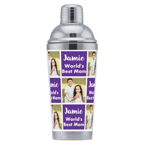 Coctail shaker personalized with a photo and the saying "Jamie World's Best Mom" in purple and white