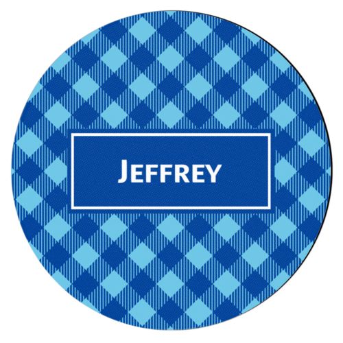 Personalized coaster personalized with check pattern and name in ultramarine