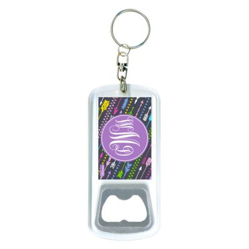 Personalized bottle opener personalized with arrows pattern and monogram in purple powder