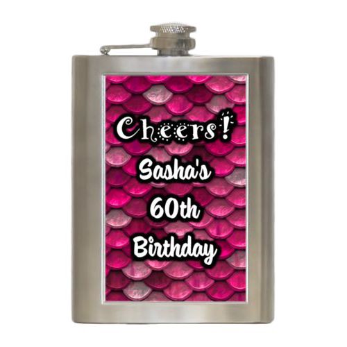 Personalized 8oz flask personalized with pink mermaid pattern and the saying "Cheers! Sasha's 60th Birthday"