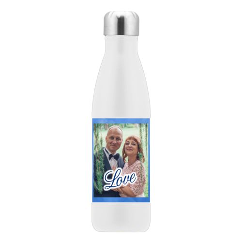 Personalized stainless steel water bottle personalized with blue cloud pattern and photo and the saying "love"