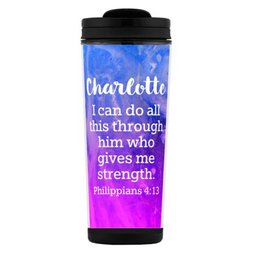 Custom tall coffee mug personalized with ombre amethyst pattern and the saying "Charlotte I can do all this through him who gives me strength. Philippians 4:13"