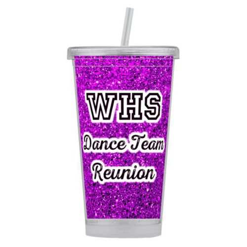 Personalized tumbler personalized with fuchsia glitter pattern and the saying "WHS Dance Team Reunion"