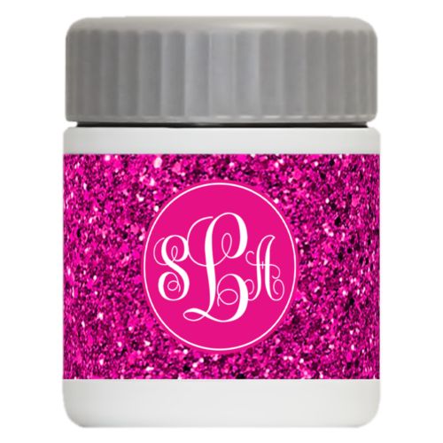 Personalized 12oz food jar personalized with pink glitter pattern and monogram in bright pink