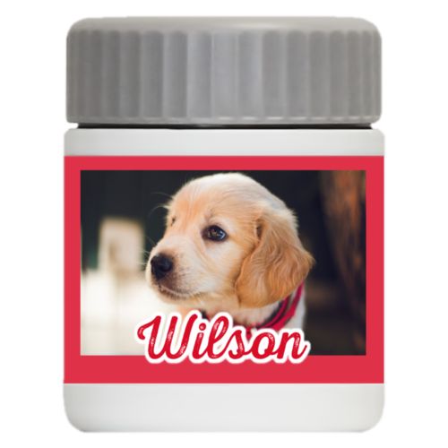 Personalized 12oz food jar personalized with photo and the saying "Wilson"