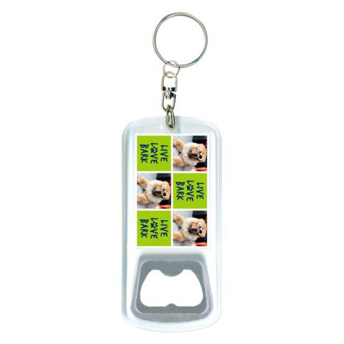 Personalized bottle opener personalized with a photo and the saying "Live love bark" in navy blue and juicy green