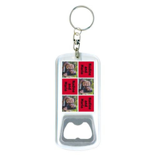 Personalized bottle opener personalized with a photo and the saying "Nadine and Mario" in black and apple red