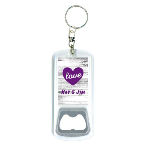 Personalized bottle opener personalized with white rustic pattern and the sayings "love" and "Kay & Jim"