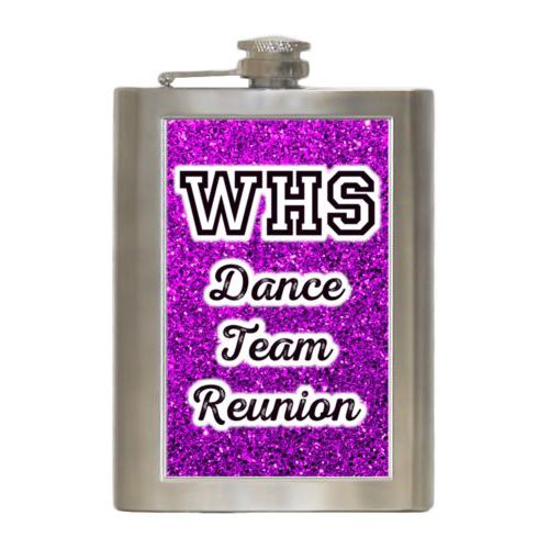 Personalized 8oz flask personalized with fuchsia glitter pattern and the saying "WHS Dance Team Reunion"