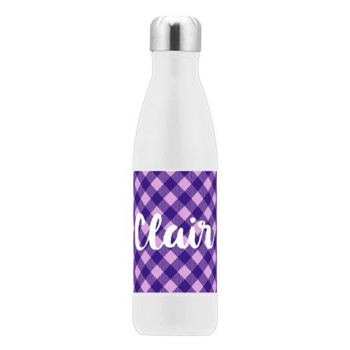 Custom metal water bottle personalized with check pattern and the saying "Clair"