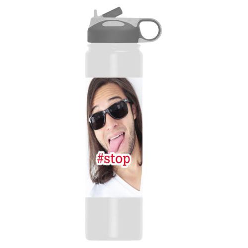 Vacuum insulated water bottle personalized with photo and the saying "#stop"