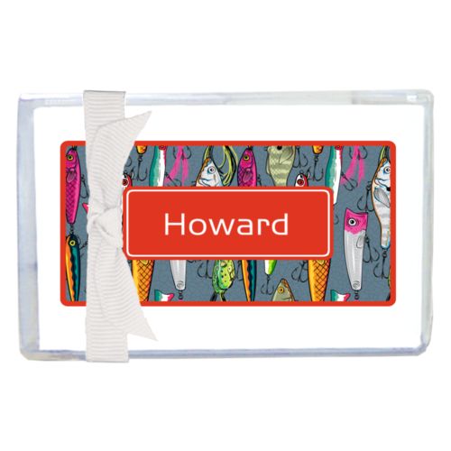 Personalized enclosure cards personalized with fishing lures pattern and name in strong red