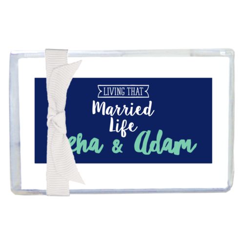 Personalized enclosure cards personalized with the sayings "Neha & Adam" and "living that married life"