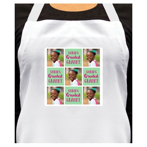 Personalized apron personalized with a photo and the saying "World's Greatest Grammy" in pomegranate and spearmint
