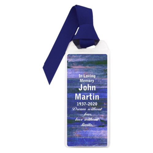 Personalized book mark personalized with royal rustic pattern and the saying "In Loving Memory John Martin 1937-2020 Dream without fear, love without limits."