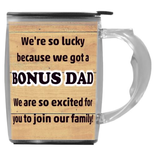Custom mug with handle personalized with natural wood pattern and the sayings "We're so lucky because we got a We are so excited for you to join our family!" and "BONUS DAD"