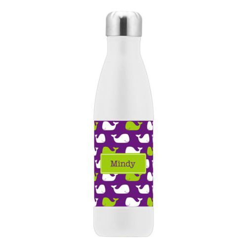 Custom insulated water bottle personalized with whales pattern and name in orchid and juicy green