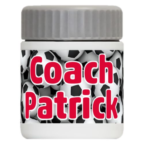 Personalized 12oz food jar personalized with soccer balls pattern and the saying "Coach Patrick"