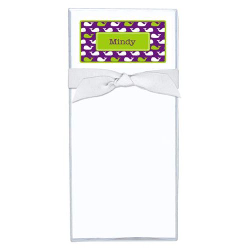 Personalized note sheets personalized with whales pattern and name in orchid and juicy green