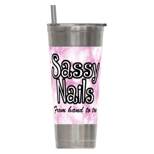 Personalized insulated steel tumbler personalized with pink marble pattern and the sayings "Sassy Nails" and "From hand to toe"