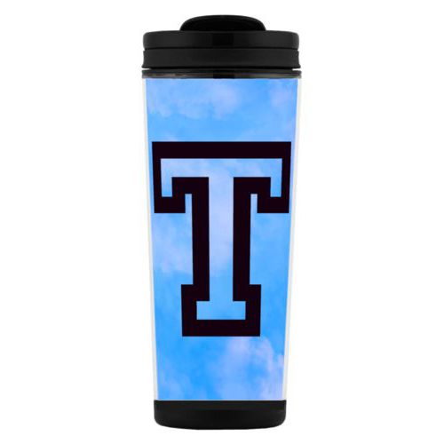 Custom tall coffee mug personalized with light blue cloud pattern and the saying "T"