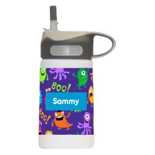 Water bottle for kids personalized with monsters pattern and name in caribbean blue