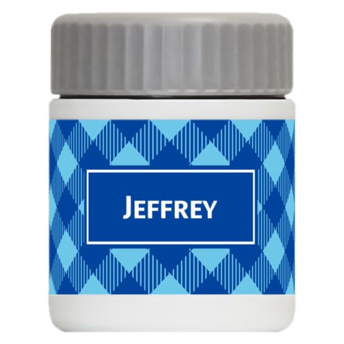 Personalized 12oz food jar personalized with check pattern and name in ultramarine
