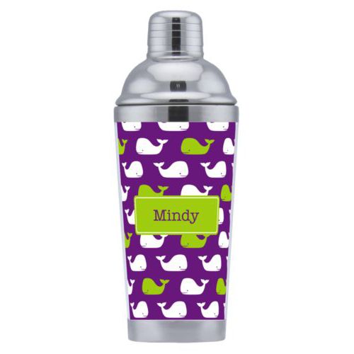 Coctail shaker personalized with whales pattern and name in orchid and juicy green