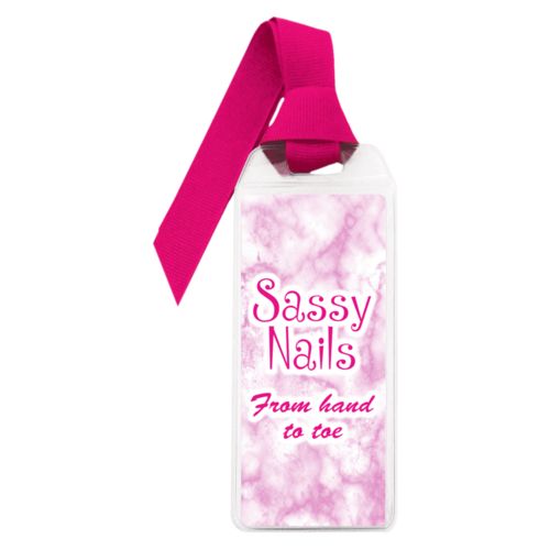 Personalized book mark personalized with pink marble pattern and the sayings "Sassy Nails" and "From hand to toe"