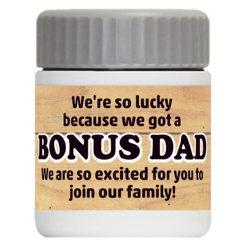 Personalized 12oz food jar personalized with natural wood pattern and the sayings "We're so lucky because we got a We are so excited for you to join our family!" and "BONUS DAD"