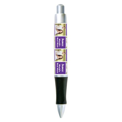 Personalized pen personalized with a photo and the saying "Jamie World's Best Mom" in purple and white